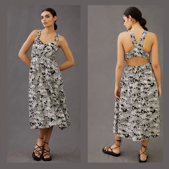 NWT Anthropologie Black White Floral Midi Dress - Medium - Picture 1 of 4